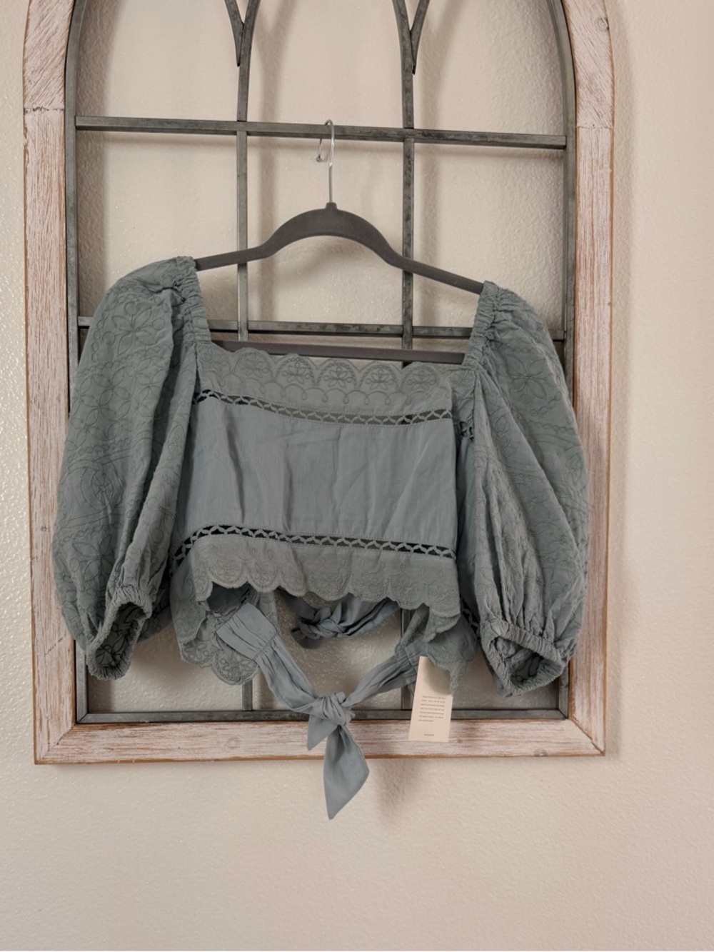 Tularosa Sage Green Puff-Sleeve Tie-Front Crop Top
